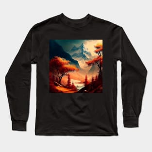 Colorful Autumn Trees Fall Colors Snowcapped Mountains River Long Sleeve T-Shirt